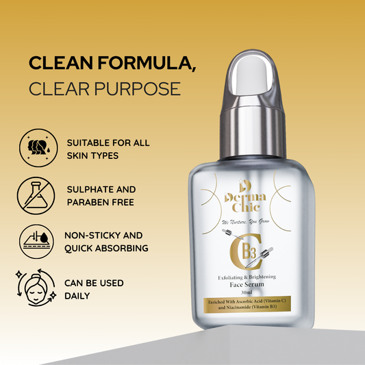 DermaChic CB3 Exfoliating & Brightening Face Serum - Vitamin C & Niacinamide Infused (30ml)