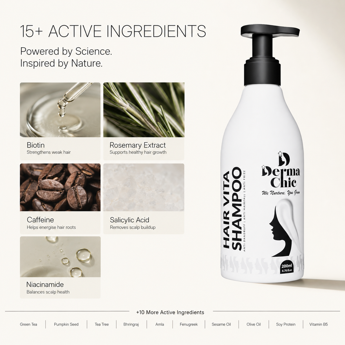 Hair Fall Control Shampoo with Biotin, Rosemary & Caffeine | Sulfate-Free | DermaChic