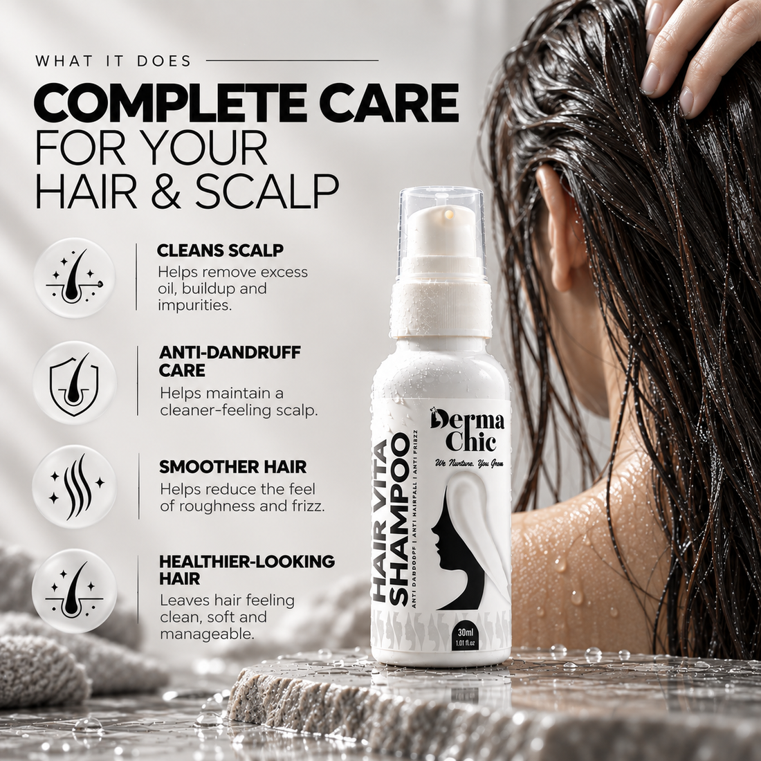 3 in 1 Shampoo with Biotin, Rosemary & Caffeine | Sulfate-Free | DermaChic (30ml)