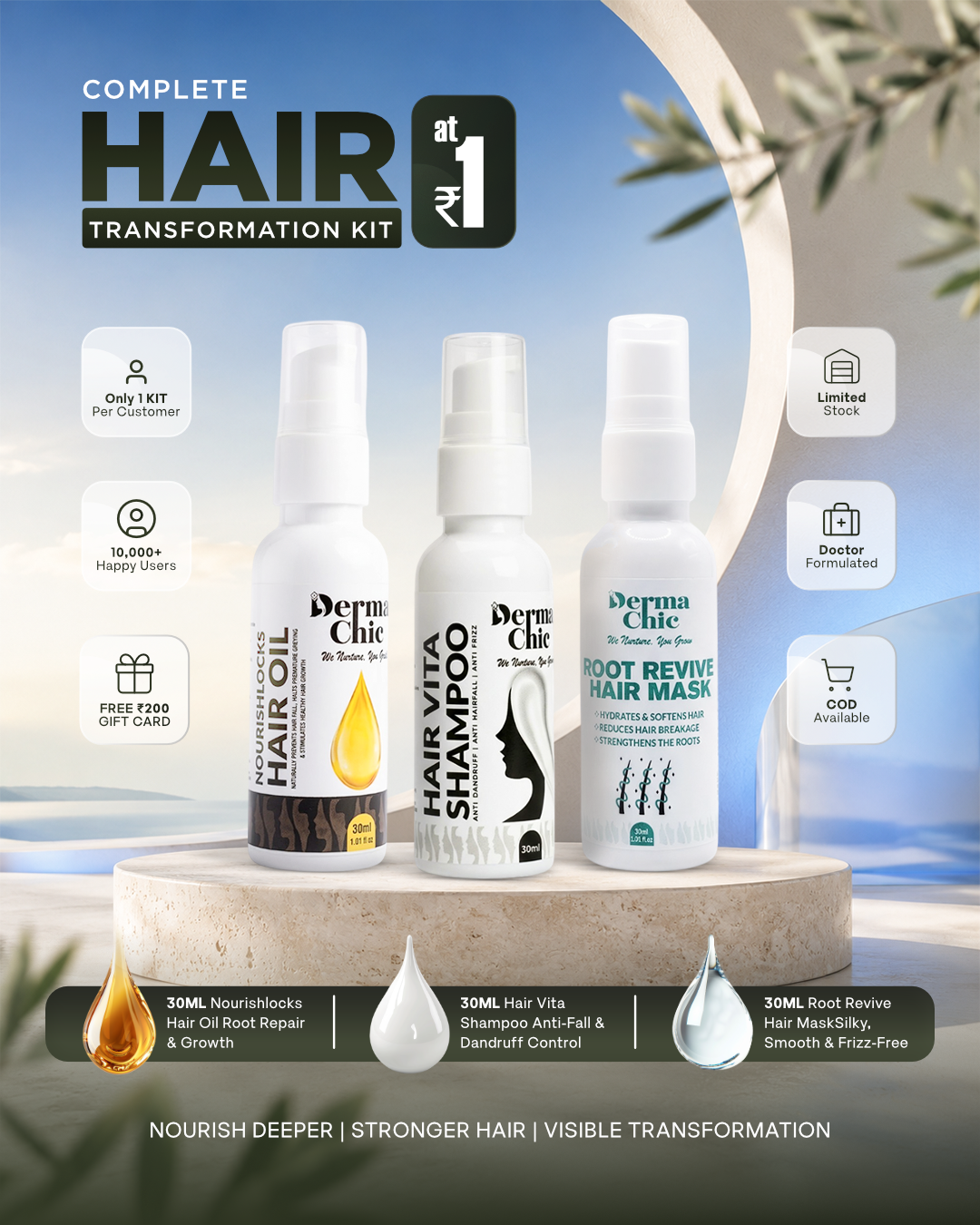 Hair care product set with bottles labeled 'Dermachic' on a neutral background