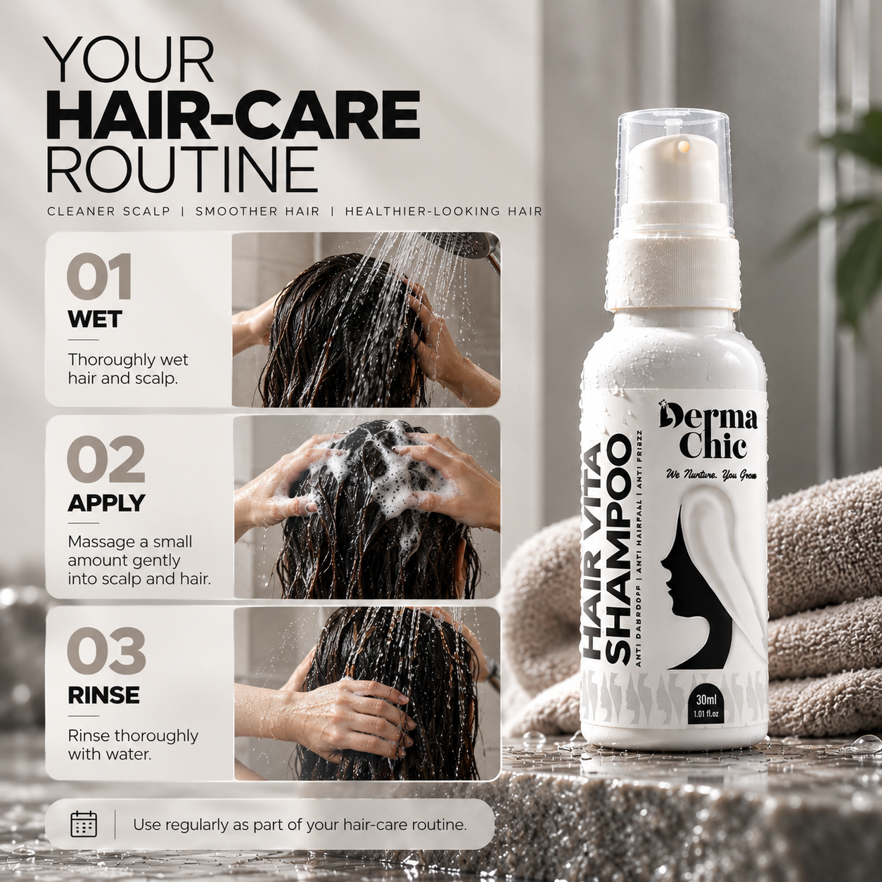 3 in 1 Shampoo with Biotin, Rosemary & Caffeine | Sulfate-Free | DermaChic (30ml)