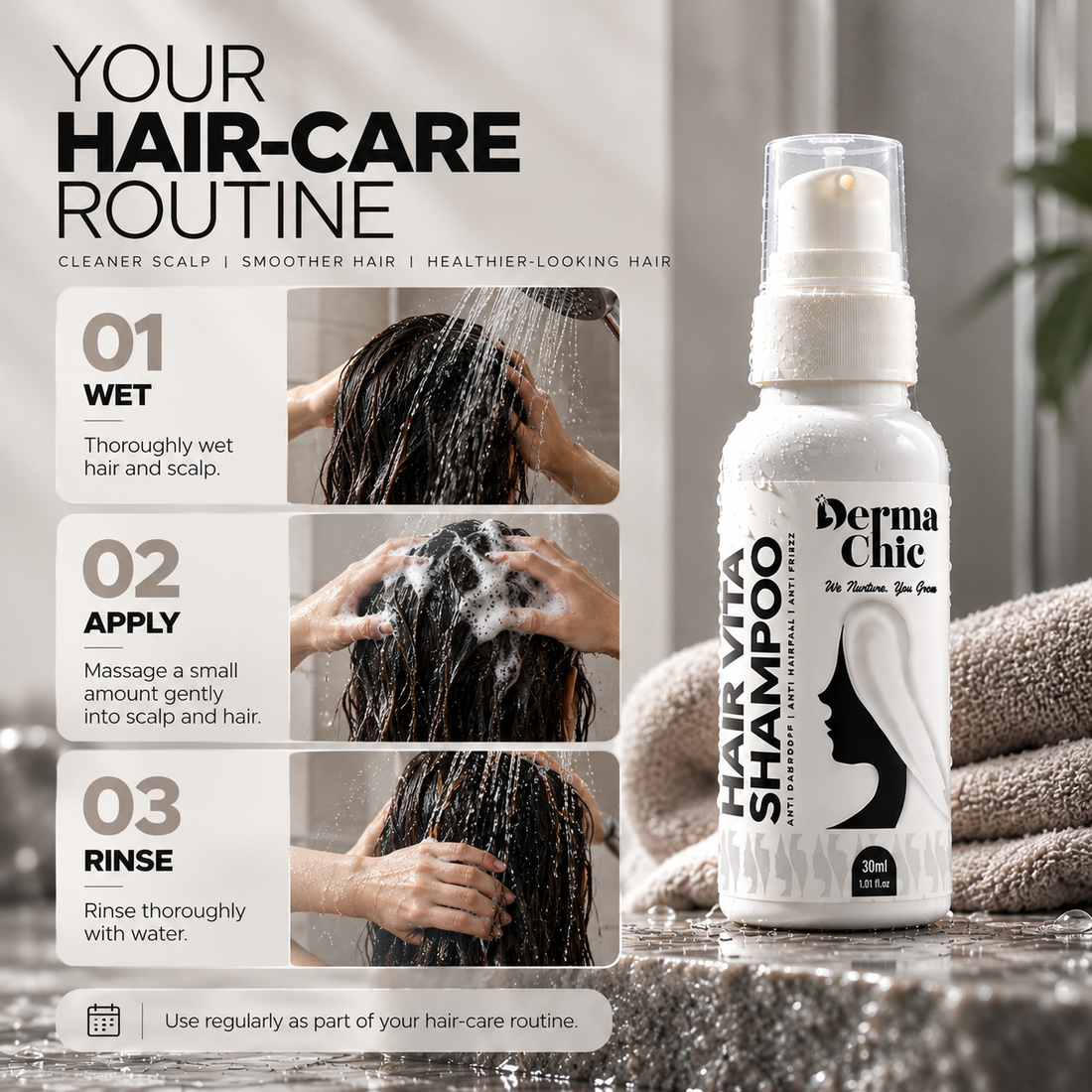 3 in 1 Shampoo with Biotin, Rosemary & Caffeine | Sulfate-Free | DermaChic (30ml)